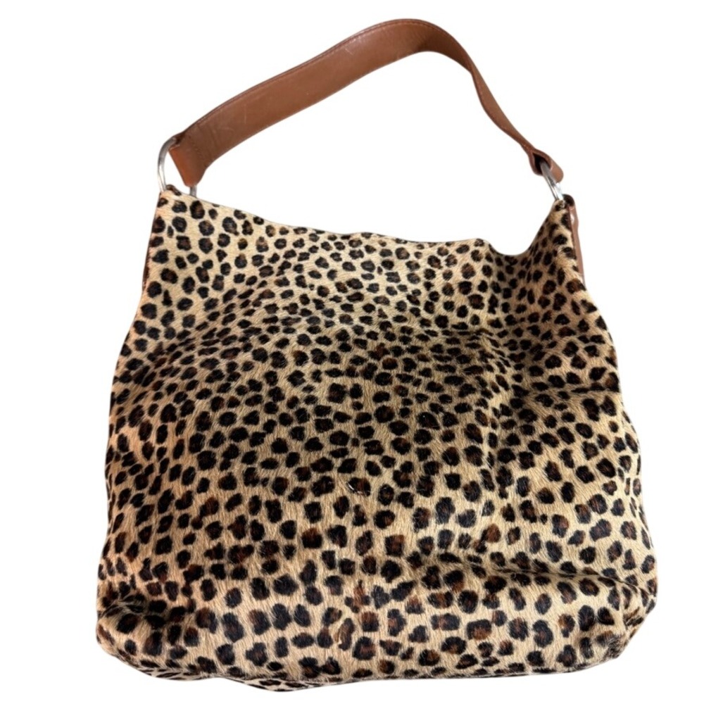 Maurizio Taiuti Leopard Print Calf Hair Leather Hobo Bag Made in Italy Brown